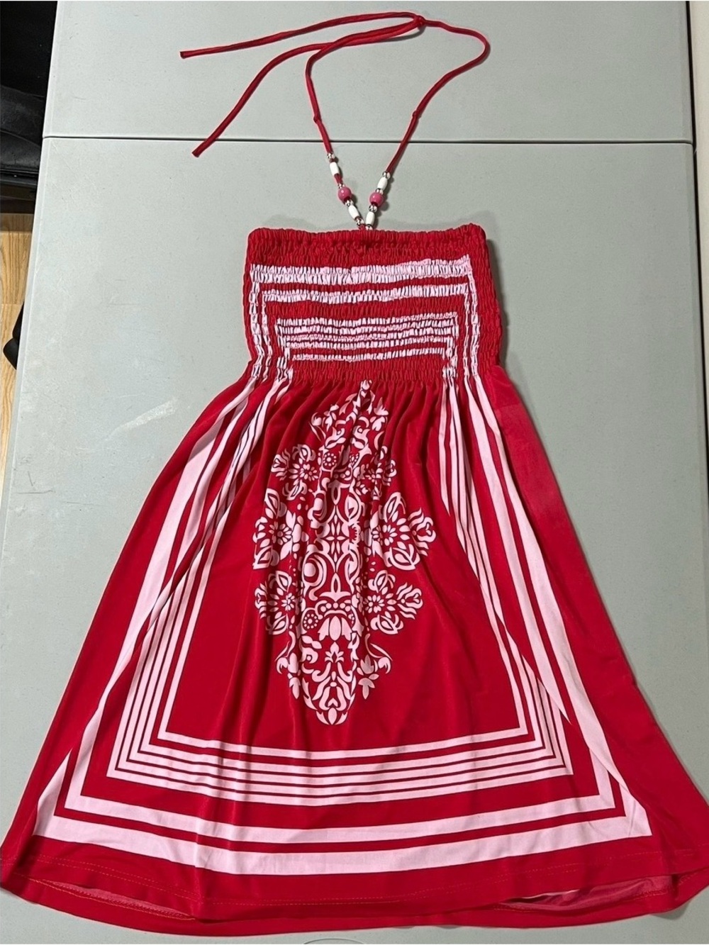 Red White Beaded Floral Bandana Shirred Halter Mini Dress Size S ❤️🤍✨ #dress